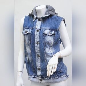 Distressed Blue Denim Hooded Vest - Women's Layering Jean Jacket